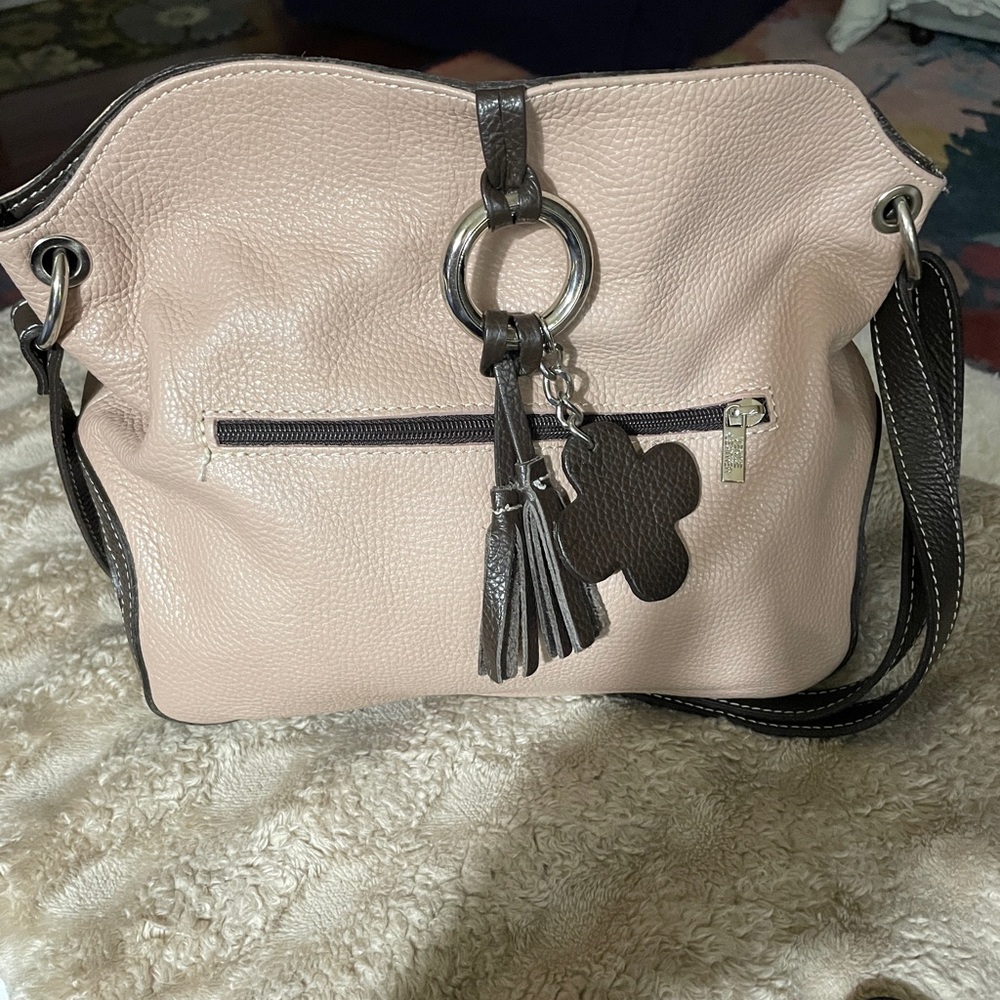 Leather Crossbody Tote in Blush Pink with Dark Brown Trim